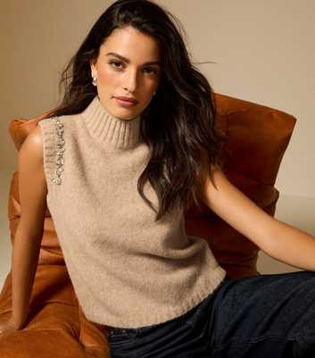 Camel Diamante Embellished Midweight Knit Vest