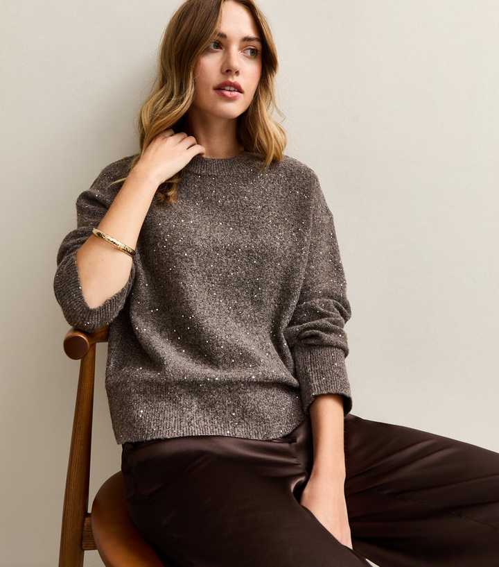 Mink Sequin Yarn Crew Neck Jumper