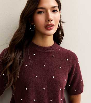Dark Burgundy Diamanté Embellished Short Sleeve Top
