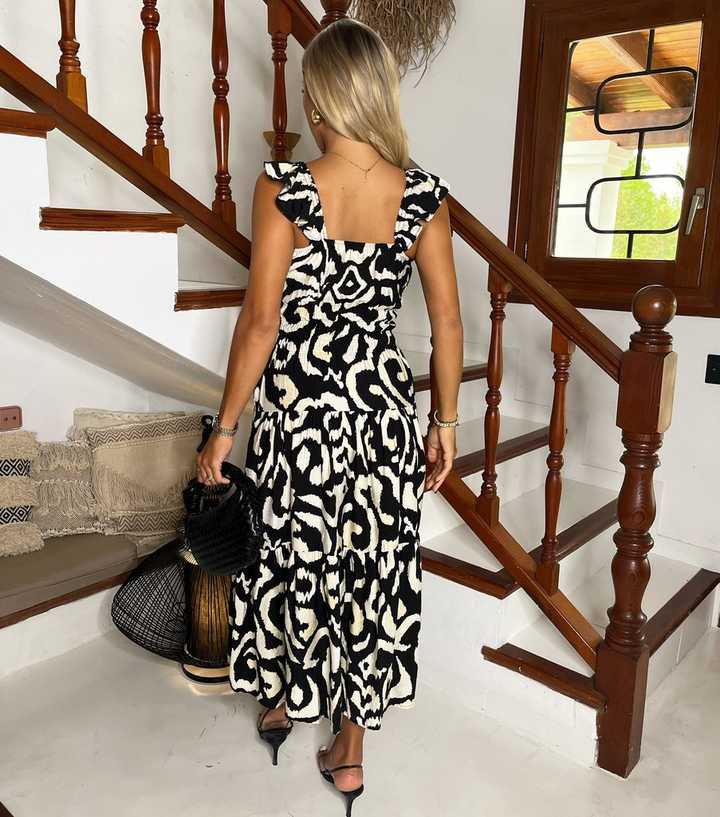 AX Paris Black Abstract Print Frill Strap Midi Dress New Look