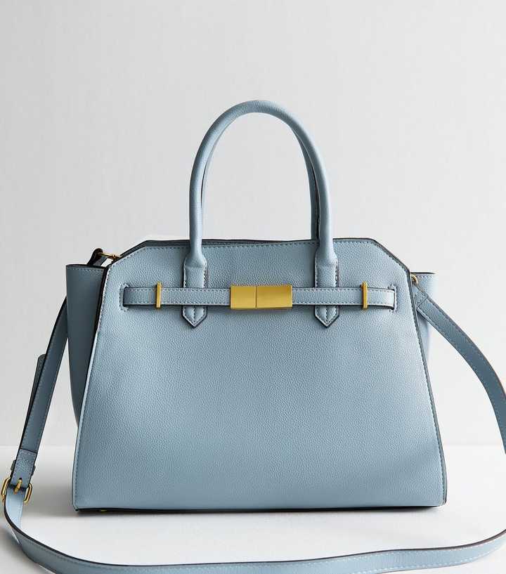 Blue Grained Faux Leather Lock Buckle Tote Bag