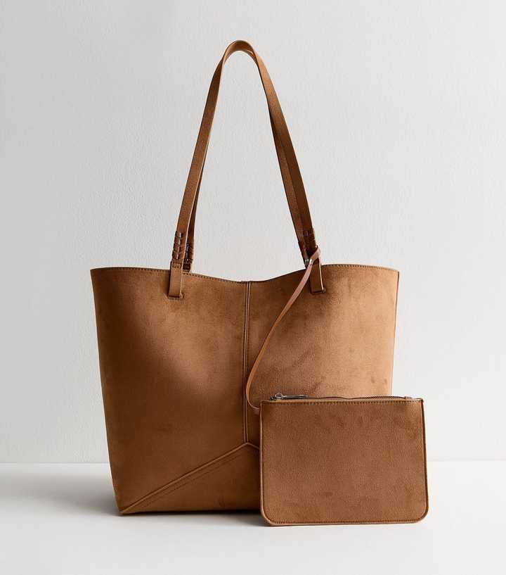 Tan Panelled Faux Suede and Leather Tote and Pouch