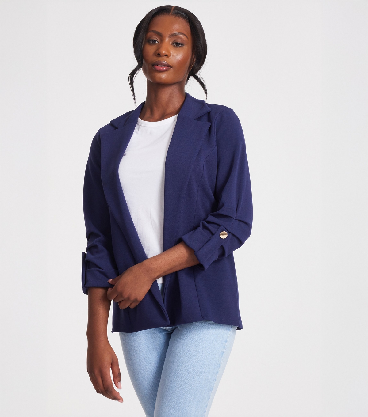 Women's Navy Scuba Crepe Ruched Sleeve Blazer Quiz New Look