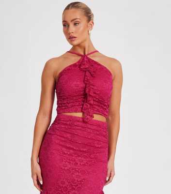 QUIZ Dark Pink Frilly Trim Lace Halterneck Top