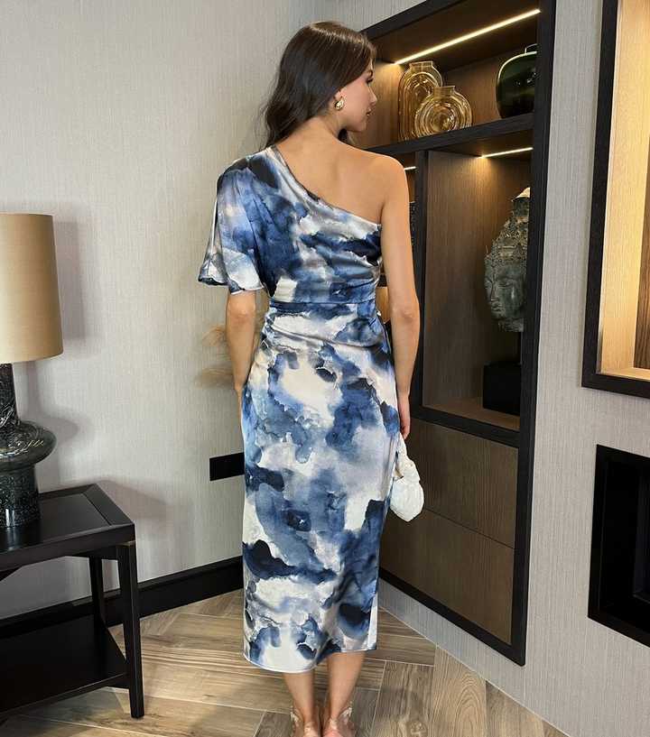 AX Paris Blue Marble Print One Shoulder Midi Dress