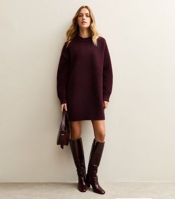 Dark Burgundy Knit Jumper Mini Dress New Look