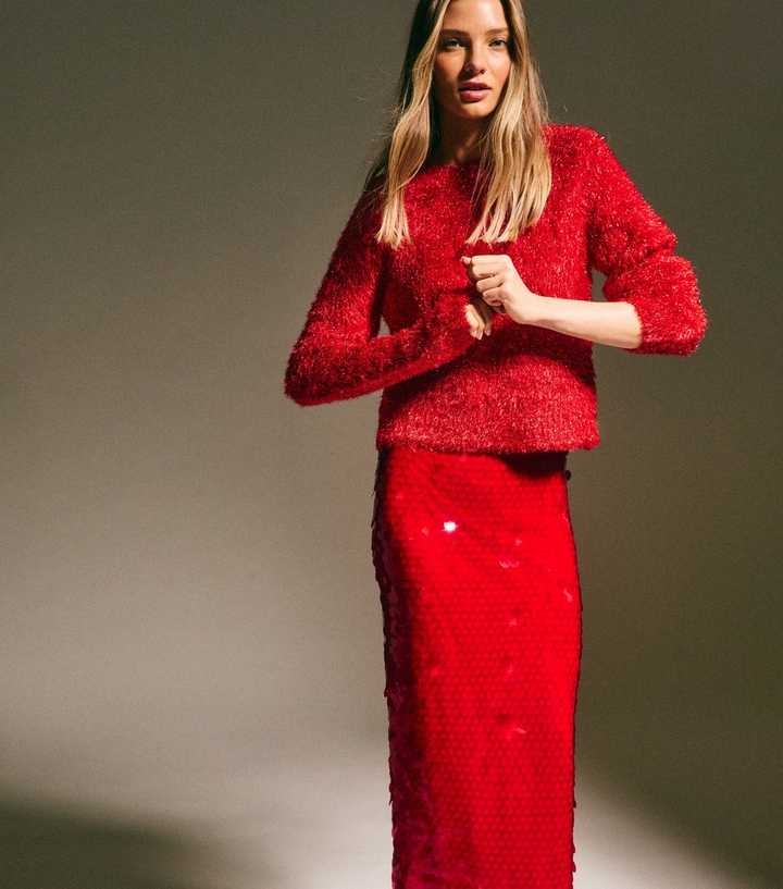 Red Sparkle Knit Crew Neck Jumper