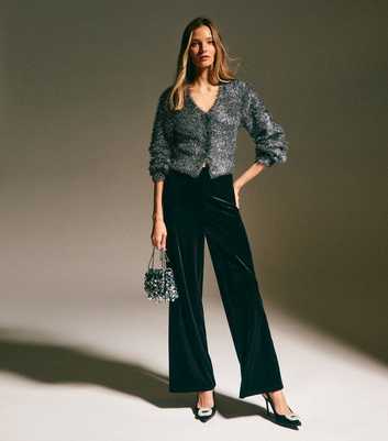 Dark Grey Sparkle Knit V-Neck Cardigan