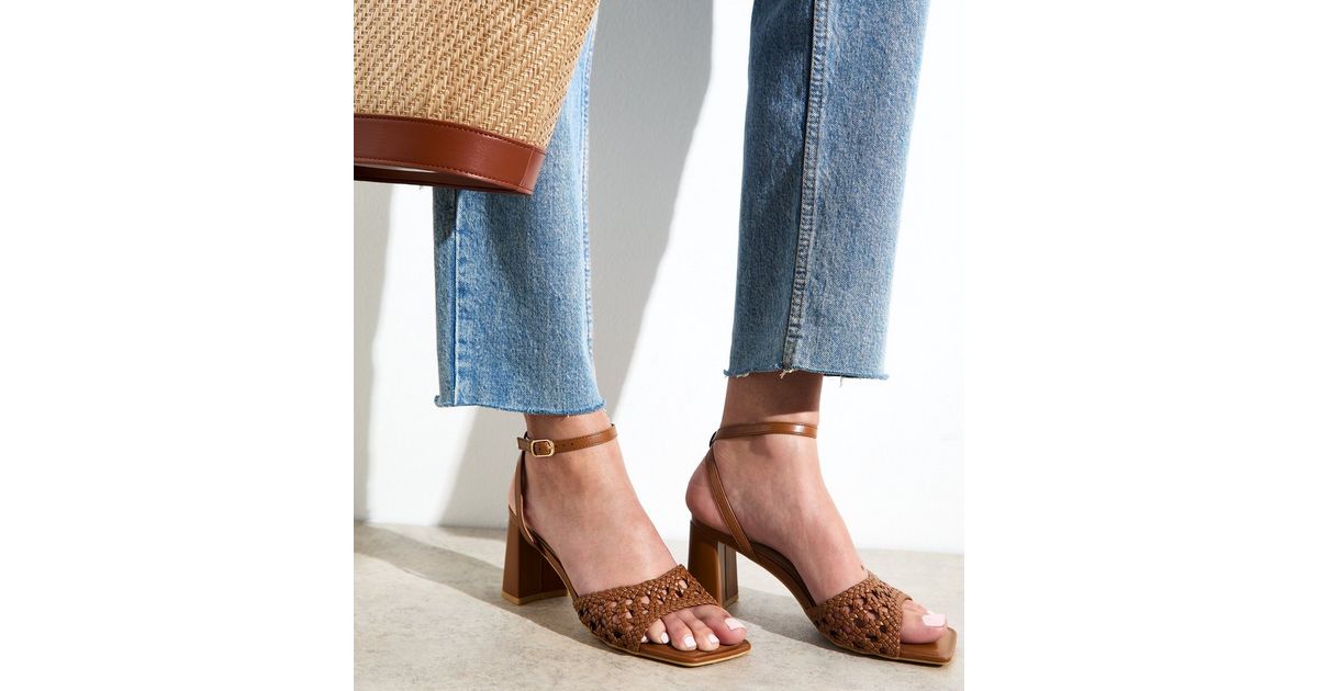 Tan Faux Leather Woven Strap Block Heel Sandals New Look