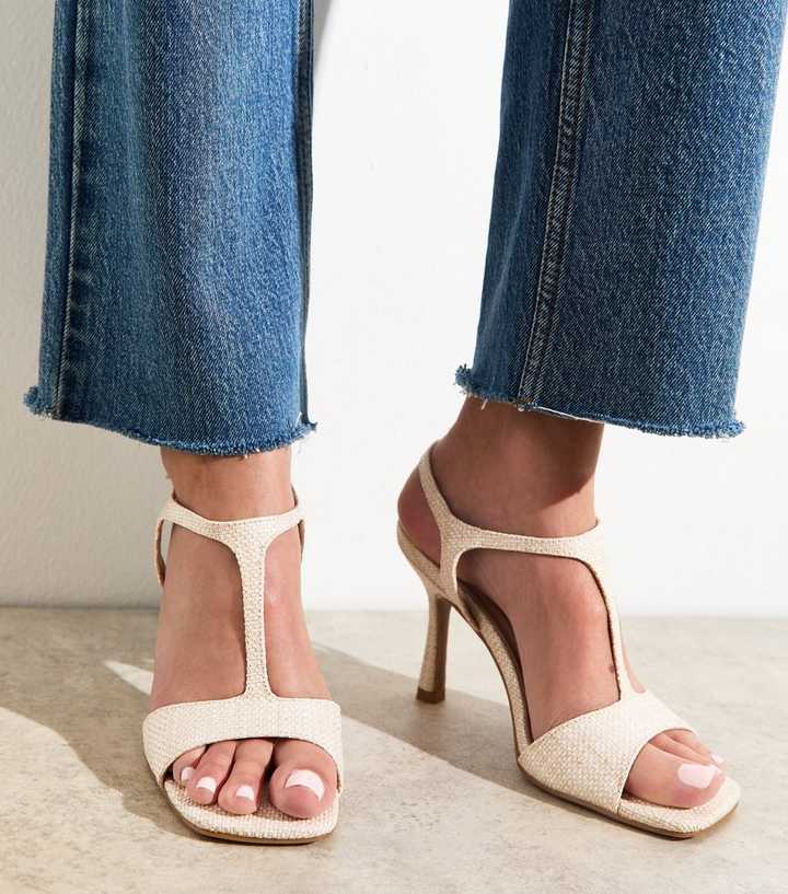 Cream Raffia Look T-bar Strap Sandals