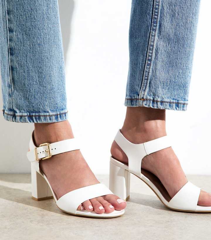 Wide Fit White Faux Leather Block Heel Sandals