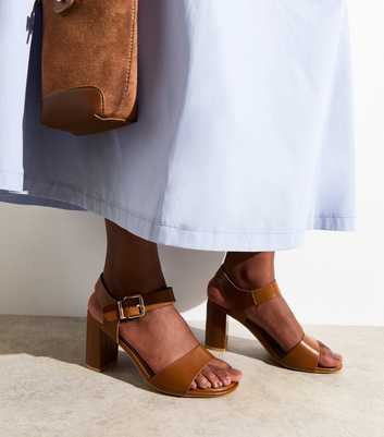 Wide Fit Camel Faux Leather Block Heel Sandals