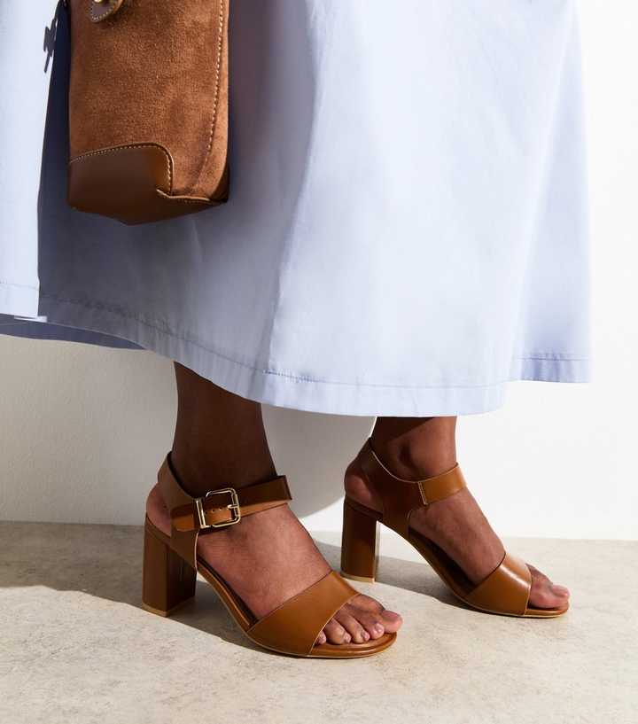 Wide Fit Camel Faux Leather Block Heel Sandals