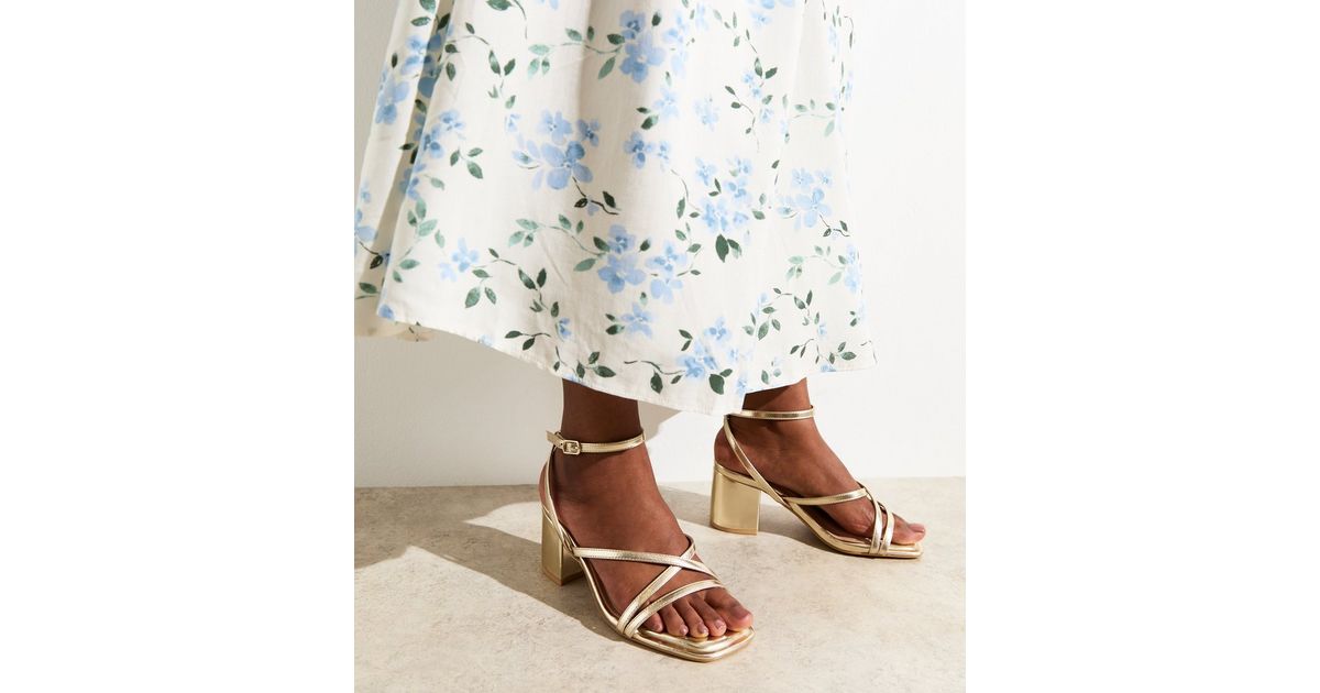 Extra Wide Fit Gold Metallic Faux Leather Strappy Block Heel Sandals | New Look