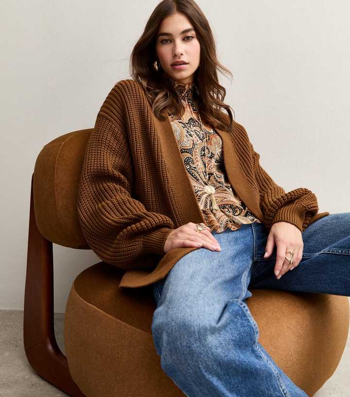 Tan Stitchy Knit Balloon Sleeve Cardigan New Look