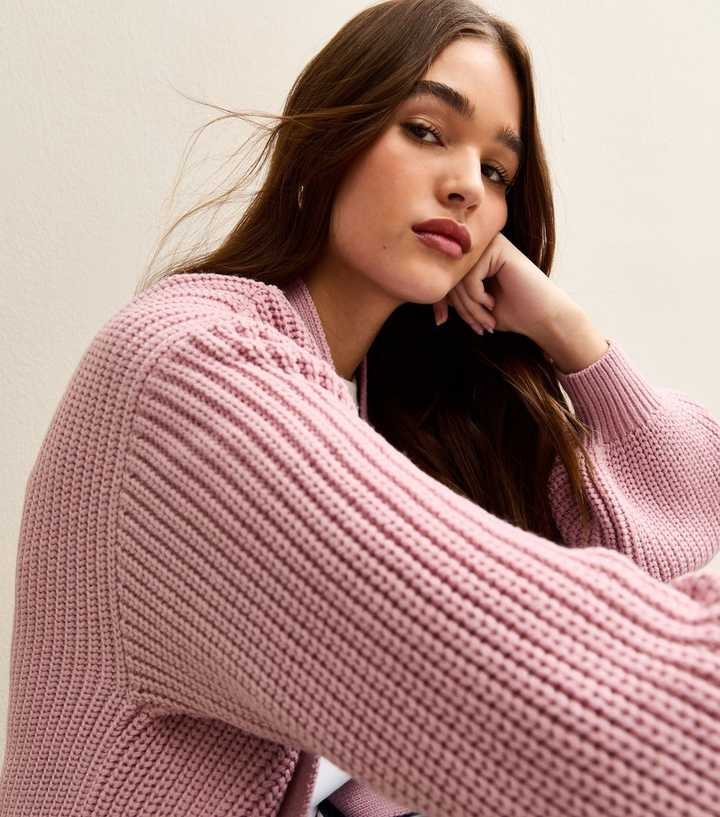 Mid Pink Stitchy Knit Balloon Sleeve Cardigan