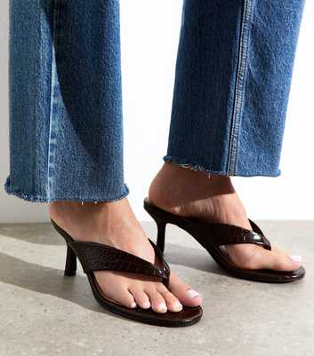 Dark Brown Faux Leather Toe Post Mules