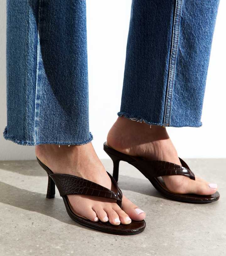 Dark Brown Faux Leather Toe Post Mules