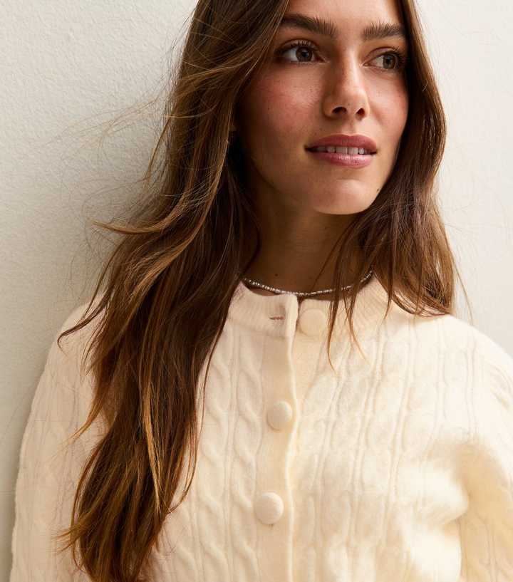 Petite Cream Cable Knit Long Sleeve Cardigan