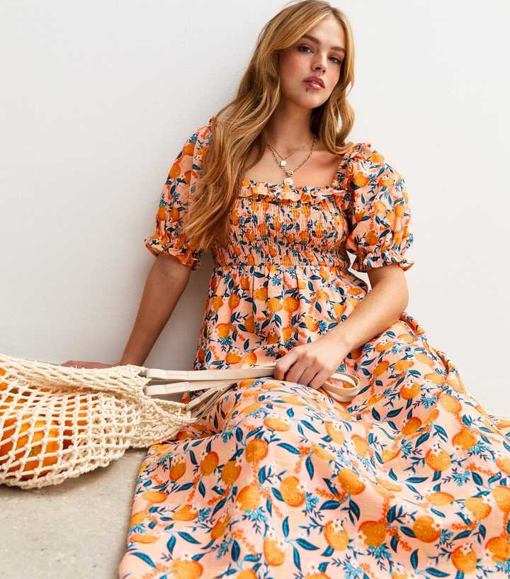 Midi Dresses Select Dresses Uk Orange Orange Print Milkmaid Midi