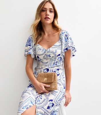 White Amalfi Postcard Print Slit Hem Midi Dress