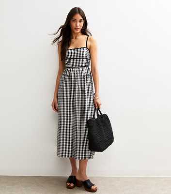 Black Gingham Check Strappy Midi Dress