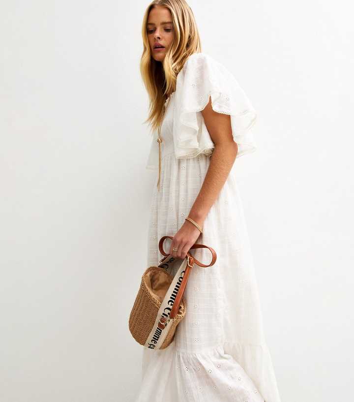 Cream Frill Sleeve Cotton Broderie Embroidered Midi Dress