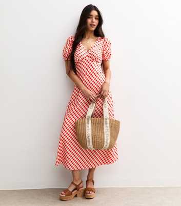 Red Gingham V Neck Midi Dress