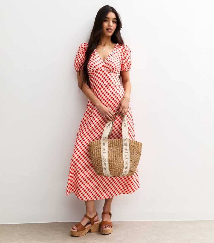 Red Gingham V Neck Midi Dress | New Look