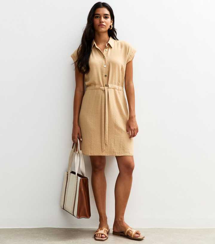 Stone Drawstring Waist Short Sleeve Mini Shirt Dress