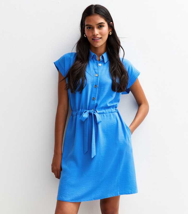 new look blue shirt dress Blue Drawstring Midi Shirt Dress