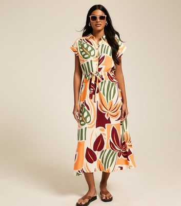 Orange Palm Tree Print Midi Shirt Dress