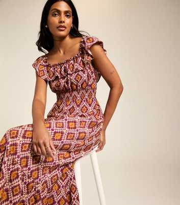 Yellow Diamond Print Shirred Panel Bardot Midi Dress