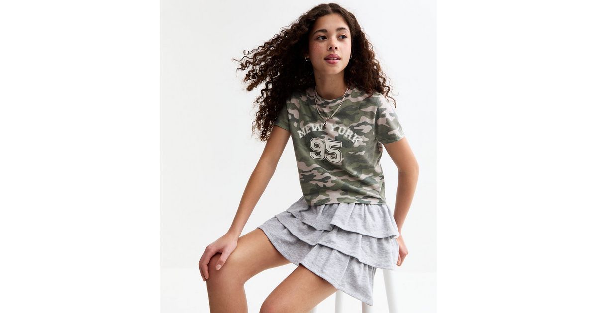 Girls Green New York Camouflage Print T-Shirt New Look