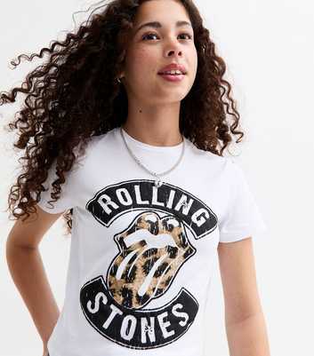 Girls White Leopard Print Rolling Stones Print T-Shirt