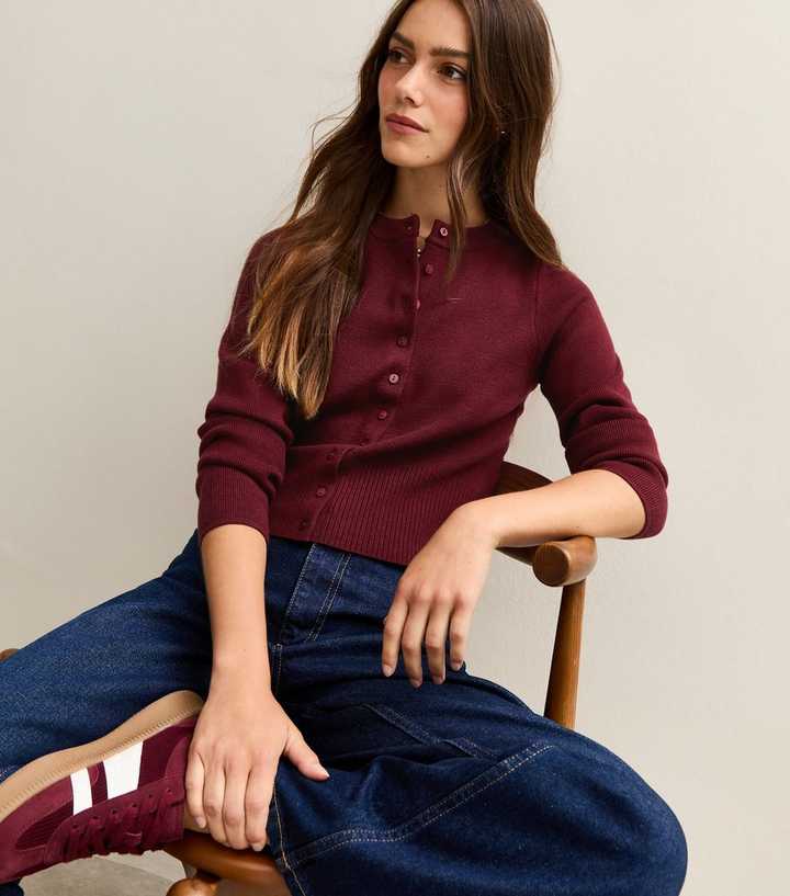 Petite Burgundy Compact Knit Crew Neck Cardigan