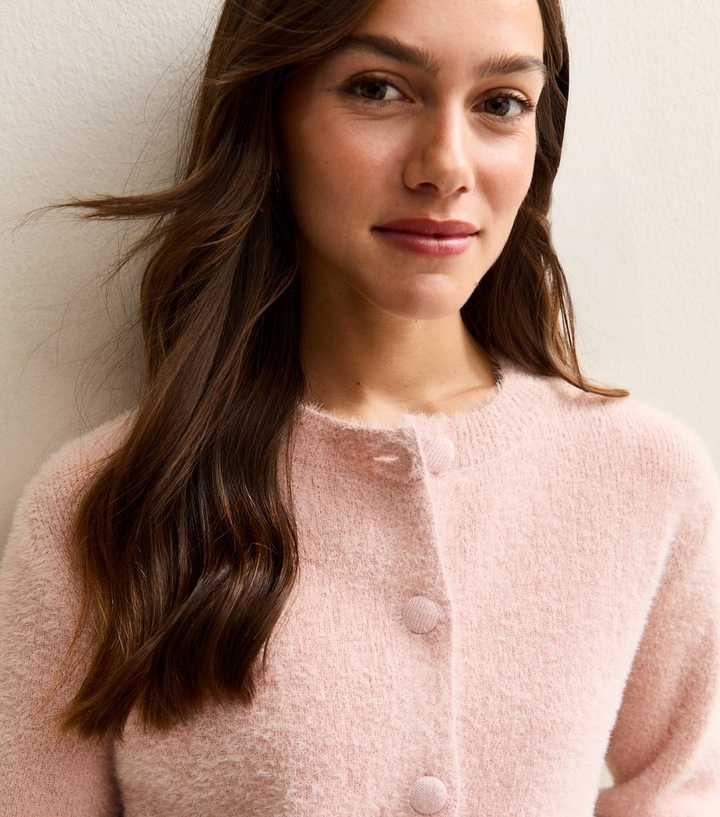 Petite Light Pink Fluffy Crew Neck Cardigan