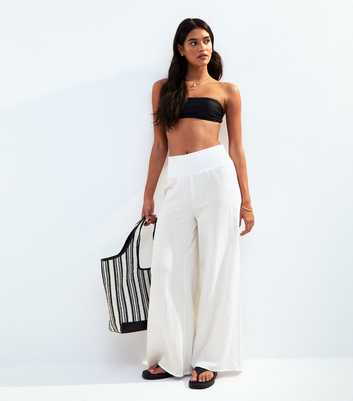 White Shirred Waist Wide Leg Trousers