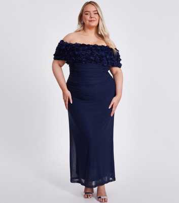 QUIZ Curve Navy Off The Shoulder Floral Trim Maxi Dress