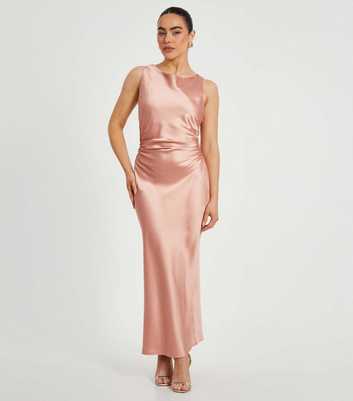 QUIZ Petite Pink Ruched Satin Midaxi Dress