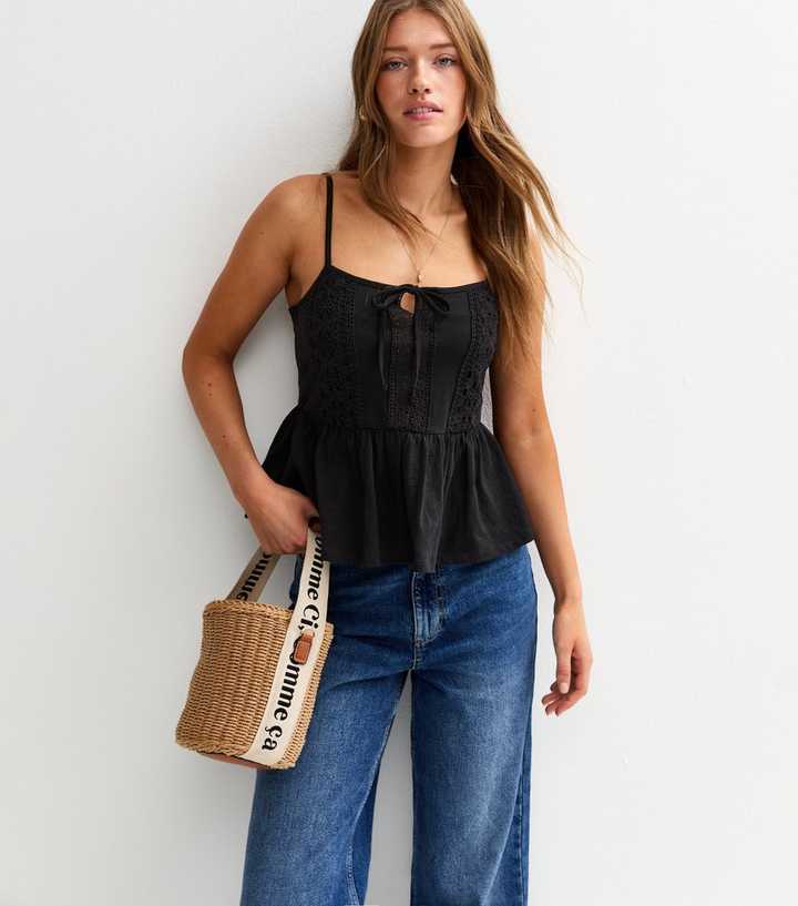 Black Jersey Lace Trim Strappy Tie Peplum Cami Top