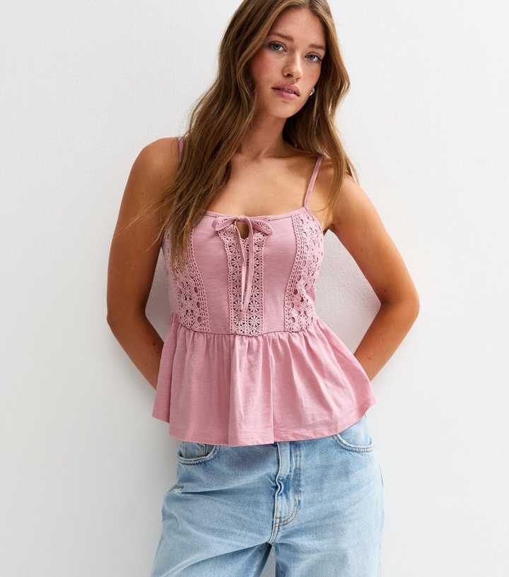 Pink Jersey Lace Trim Strappy Tie Peplum Cami Top
