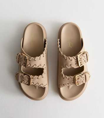 Camel Faux Suede Whipstitched Strap Flatform Sandals