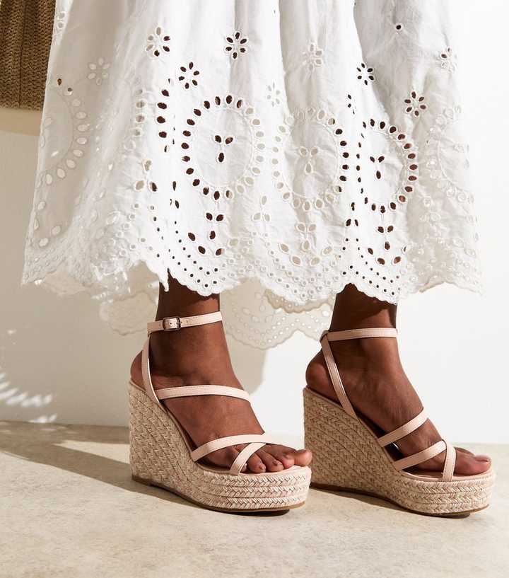 Light Pink Faux Leather Strappy Platform Wedge Sandals