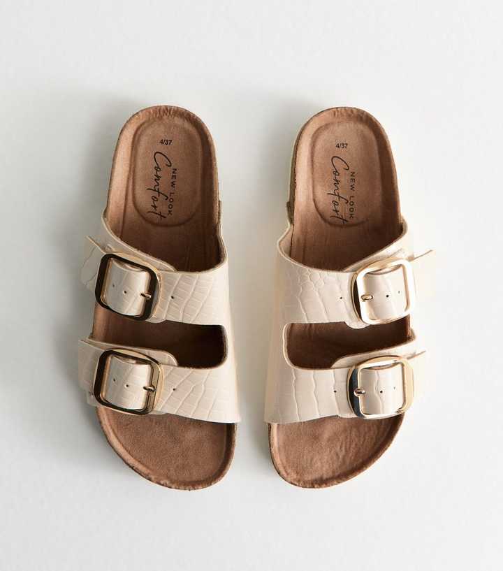 Off White Croc Effect Faux Leather Buckled Strap Flat Sandals