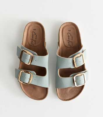 Light Blue Faux Leather Buckled Strap Flat Sandals