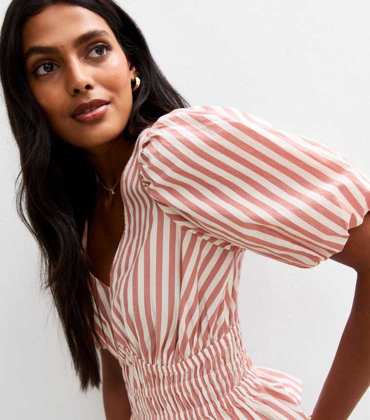 Pink Striped Shirred Waist Puff Sleeve Top