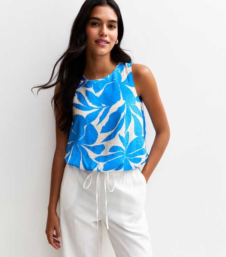 Blue Floral Print Bubble Hem Sleeveless Top
