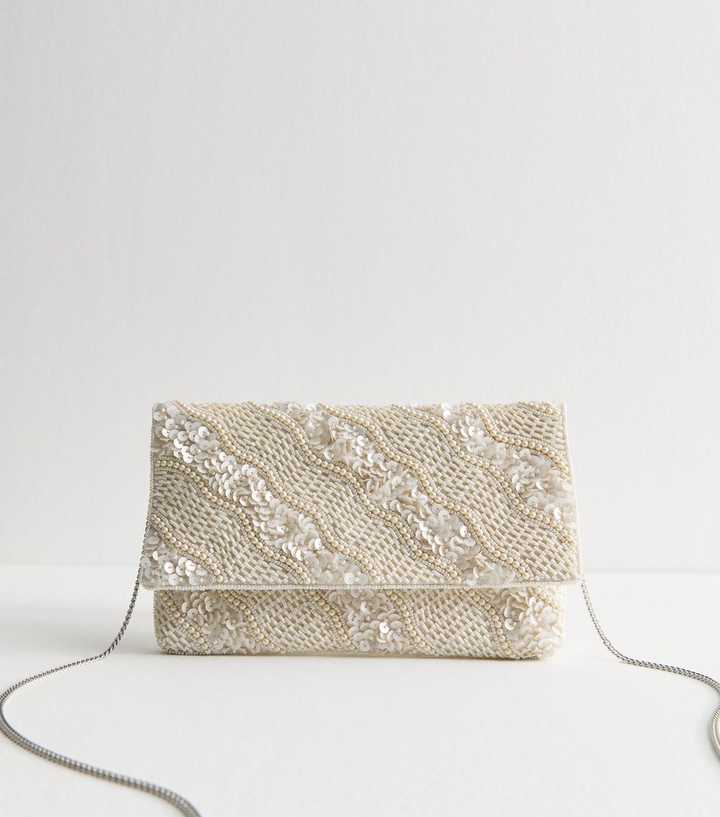 Cream Faux Pearl Embellished Flap Clutch