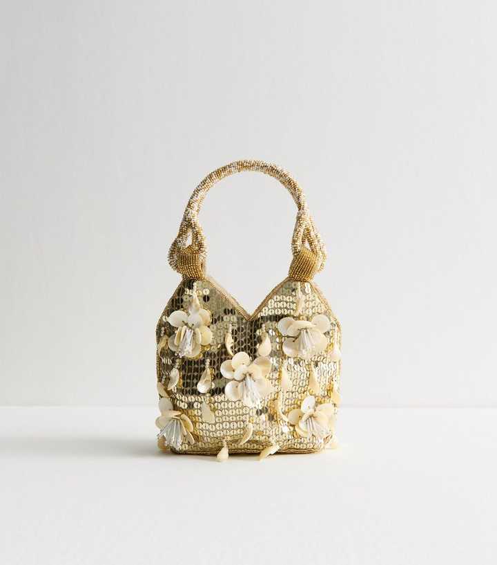 Gold Shell and Floral Embellished Handbag New Look
